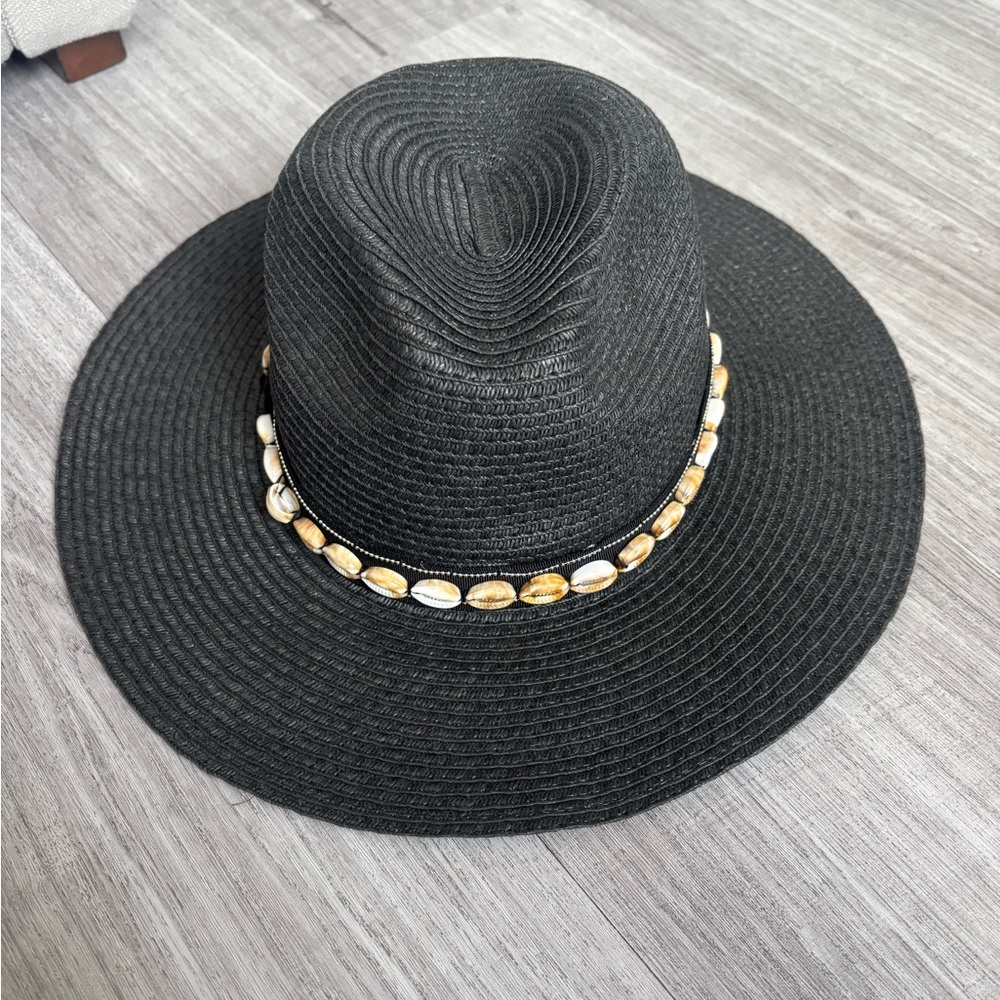 Amiani Black Wide Brim Straw Hat with Shell Accent